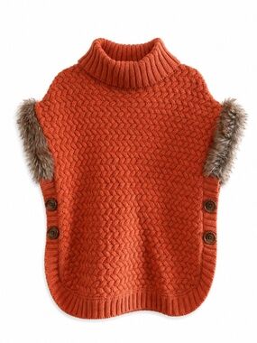 4/$20➡️ ASPEN Kids Orange Knit Turtleneck Poncho Faux Fur – Size 7/8 EUC
